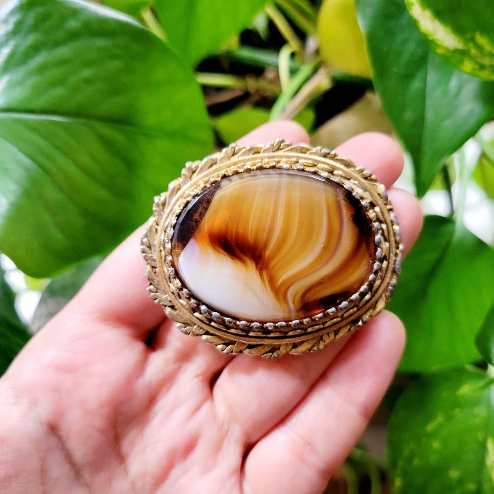 Vintage Agate Gemstone Lapel Brooch Pin - Picture 6 of 8
